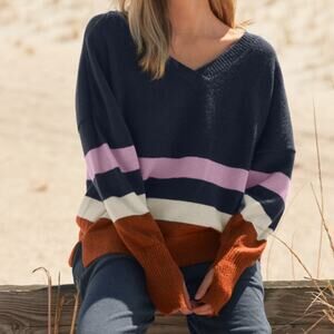 Prana Norfolk Sweater Gingerbread Colorway Relaxed V-Neck Striped Thumbholes XS
